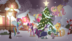 Size: 3000x1698 | Tagged: safe, artist:pelinstwinkle, applejack, fluttershy, pinkie pie, rainbow dash, rarity, spike, twilight sparkle, alicorn, dragon, earth pony, pegasus, pony, unicorn, g4, book, christmas, christmas tree, clothes, daring do book, earmuffs, female, gem, glowing, glowing horn, hat, holiday, horn, jacket, lamppost, levitation, magic, male, mane seven, mane six, mare, night, ponyville, scarf, snow, snowfall, sweater, telekinesis, tree, twilight sparkle (alicorn), winter, winter outfit