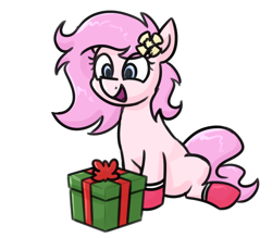 Size: 1252x1095 | Tagged: safe, artist:moonatik, oc, oc only, oc:kayla, earth pony, pony, clothes, colored sketch, cute, earth pony oc, female, filly, flower, flower in hair, foal, happy, present, simple background, sitting, sketch, socks, solo, transparent background