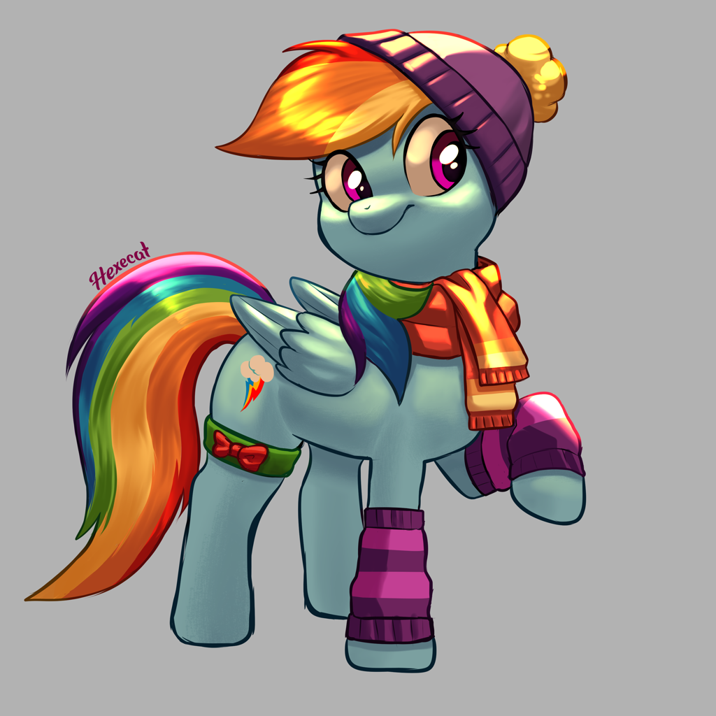 [clothes,female,g4,hat,pegasus,pony,rainbow dash,safe,scarf,socks,solo,winter outfit,winter wrap up,smiling,winter hat,artist:hexecat]