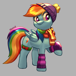 Size: 3000x3000 | Tagged: safe, artist:hexecat, rainbow dash, pegasus, pony, g4, winter wrap up, clothes, female, hat, high res, scarf, smiling, socks, solo, winter hat, winter outfit