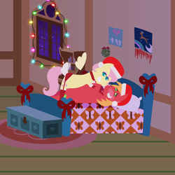 Size: 2160x2160 | Tagged: safe, anonymous artist, big macintosh, fluttershy, earth pony, pegasus, pony, series:fm holidays, series:hearth's warming advent calendar 2023, g4, advent calendar, alternate hairstyle, bed, bedroom eyes, blushing, boop, bow, choker, chokershy, christmas, christmas lights, clothes, duo, female, female on top, fluttershy's bedroom, fluttershy's cottage, garter belt, garters, grin, hat, high res, holiday, lineless, looking at each other, looking at someone, looking into each others eyes, lying down, male, mare, mare on top, mistletoe, nervous, nervous smile, night, noseboop, on back, on bed, pointy ponies, santa hat, ship:fluttermac, shipping, short mane, smiling, spread wings, stallion, stockings, straight, tail, tail bow, thigh highs, wings