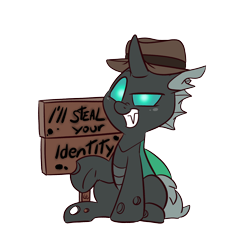 Size: 1696x1696 | Tagged: safe, artist:lou, oc, oc only, oc:closed case, changeling, 2024 community collab, changeling oc, green changeling, hat, horn, identity theft, implied identity theft, looking at you, male, sign, simple background, sitting, smiling, smug, solo, transparent background, wings