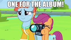 Size: 888x499 | Tagged: safe, edit, edited screencap, screencap, scootaloo, windy whistles, pegasus, pony, g4, parental glideance, a grand day out, bag, camera, camera shot, caption, clothes, cute, cutealoo, duo, female, filly, foal, freckles, image macro, jacket, mare, meme, parody, reference, saddle bag, scene parody, smiling, text, wallace and gromit, windybetes