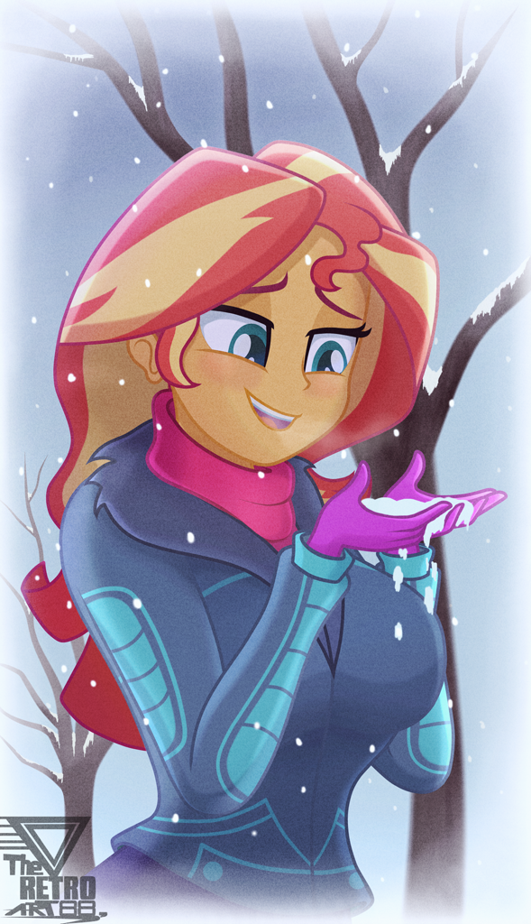 [2d,breasts,clothes,equestria girls,female,g4,gloves,human,jacket,open mouth,outdoors,pants,remake,safe,scarf,snow,solo,tree,winter outfit,sunset shimmer,lidded eyes,smiling,snowfall,busty sunset shimmer,artist:theretroart88]