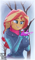 Size: 2200x3826 | Tagged: safe, artist:theretroart88, sunset shimmer, human, blizzard or bust, equestria girls, equestria girls specials, g4, my little pony equestria girls: better together, my little pony equestria girls: holidays unwrapped, 2d, big breasts, breasts, breath, busty sunset shimmer, clothes, female, gloves, high res, jacket, lidded eyes, open mouth, open smile, outdoors, pants, remake, scarf, smiling, snow, snowfall, solo, tree, winter outfit