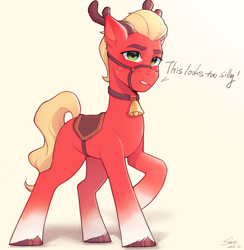 Size: 1996x2048 | Tagged: safe, artist:xiaowu07, sprout cloverleaf, earth pony, pony, g5, antlers, bell, bell collar, bridle, collar, cute, dialogue, fake antlers, male, raised hoof, reindeer antlers, saddle, simple background, solo, sproutbetes, stallion, tack