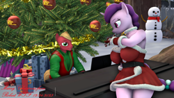 Size: 1280x720 | Tagged: safe, artist:robertwtf, big macintosh, sugar belle, earth pony, unicorn, anthro, g4, 3d, big breasts, breasts, busty sugar belle, candy, candy cane, christmas, christmas presents, christmas tree, female, food, holiday, looking at each other, looking at someone, male, musical instrument, nexgen, piano, ship:sugarmac, shipping, snow, snowman, source filmmaker, straight, tree