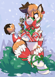 Size: 2500x3500 | Tagged: safe, artist:mtcerber, discord, oc, oc:carter, earth pony, fox, fox pony, hybrid, pony, bondage, cage, christmas, commission, eyelashes, femboy, gag, high res, holiday, kissing, male, ponified, snow, snowfall