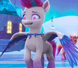 Size: 1222x1070 | Tagged: safe, screencap, sunny starscout, zipp storm, alicorn, pegasus, pony, g5, my little pony: make your mark, my little pony: make your mark chapter 6, secrets of starlight, spoiler:g5, spoiler:my little pony: make your mark, spoiler:my little pony: make your mark chapter 6, spoiler:mymc06e04, animated, cropped, duo, entrance, eyeshadow, fake smile, hypnosis, hypnotized, jewelry, landing, makeup, mane stripe sunny, mind control, necklace, out of context, race swap, smiling, sound, sparkly mane, sparkly tail, starlight ridge, streetlight, sunnycorn, tail, webm