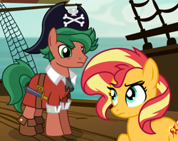 Size: 7145x5664 | Tagged: safe, artist:emeraldblast63, artist:limedazzle, sunset shimmer, timber spruce, earth pony, pony, comic:the tale of two sunsets, g4, duo, equestria girls ponified, female, male, mare, missing horn, pirate, ponified, stallion, story included