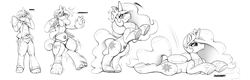 Size: 5000x1609 | Tagged: safe, artist:redflare500, princess celestia, alicorn, human, inflatable pony, g4, crown, grayscale, high res, human to pony, inanimate tf, inflatable, jewelry, lying down, monochrome, pool toy, prone, regalia, simple background, sploot, transformation, transformation sequence, white background