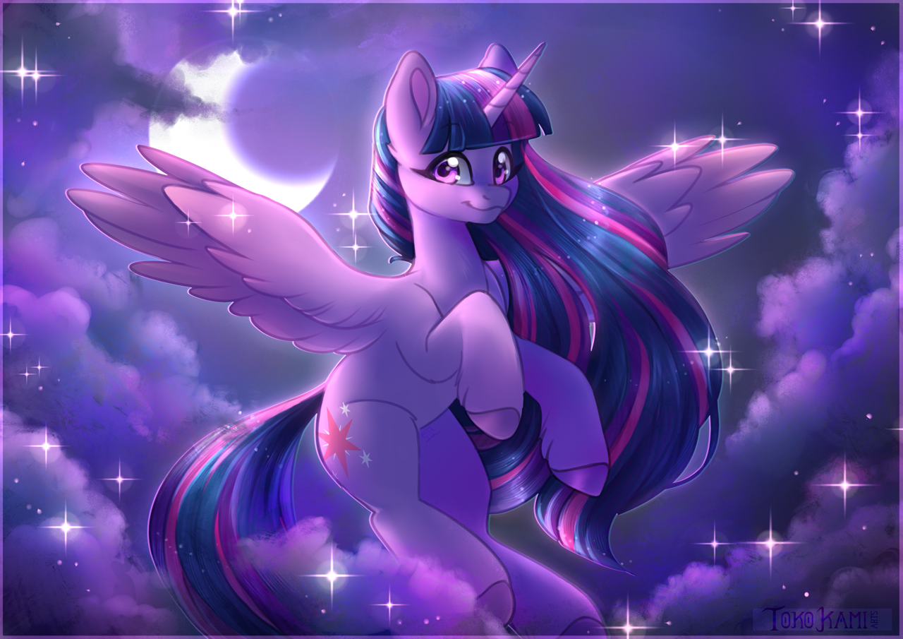 [alicorn,cloud,eyebrows,female,flying,g4,high res,horn,looking at you,mare,moon,night,pony,safe,signature,sky,solo,sparkles,twilight sparkle,wings,night sky,smiling,spread wings,smiling at you,eyebrows visible through hair,twilight sparkle (alicorn),artist:tokokami,palindrome get]