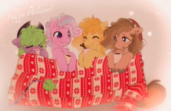 Size: 3424x2236 | Tagged: safe, artist:draw3, oc, oc:caramel drop, oc:somber gale, oc:sweetie swirl, oc:thistle plumberry, bat pony, cow, bat pony oc, blanket, chocolate, christmas, coffee, cowboy hat, fangs, food, group, hat, hearth's warming, high res, holiday, hooves, hot chocolate, santa hat, text