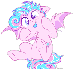 Size: 3670x3377 | Tagged: safe, artist:starshade, oc, oc only, oc:sweetie swirl, bat pony, base used, bat pony oc, blue tongue, chest fluff, derp, high res, multicolored hair, simple background, solo, squishy cheeks, tongue out, transparent background