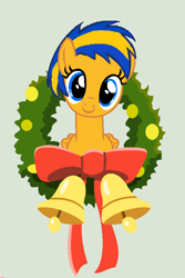 Size: 600x900 | Tagged: safe, artist:mlpfan3991, oc, oc only, oc:flare spark, pegasus, g4, bell, christmas, female, green background, holiday, jingle bells, looking at you, simple background, smiling, solo, wreath