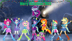 Size: 1920x1080 | Tagged: safe, artist:dipperbronypines98, applejack, fluttershy, pinkie pie, rainbow dash, rarity, spike, sunset shimmer, twilight sparkle, dog, human, equestria girls, g4, 2023, christmas, holiday, humane five, humane seven, humane six, merry christmas, ponied up, spike the dog, the polar express, train