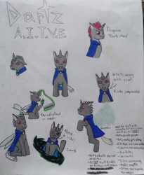 Size: 2011x2448 | Tagged: safe, artist:beastout, oc, oc:dartz, changeling, book, cloak, clothes, disguise, disguised changeling, high res, judging, portal, reference sheet, sad, smug, spellbook, traditional art