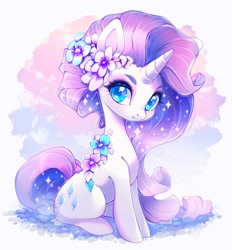 Size: 800x861 | Tagged: safe, artist:cabbage-arts, rarity, pony, unicorn, g4, abstract background, cute, eyebrows, female, flower, flower in hair, horn, looking at you, mare, raribetes, sitting, smiling, smiling at you, solo, sparkles