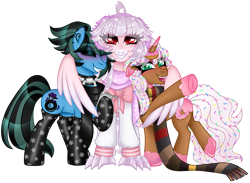 Size: 3141x2303 | Tagged: safe, artist:nekomellow, oc, oc:donut daydream, oc:ophelia, oc:petal brass, earth pony, hippogriff, pony, unicorn, christmas, clothes, cute, high res, holiday, hug, scarf, school uniform, snow