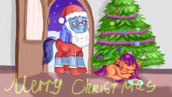 Size: 1920x1080 | Tagged: safe, artist:jbond, argyle starshine, sunny starscout, earth pony, pony, g5, christmas, christmas tree, clothes, cookie, costume, cute, duo, eyes closed, fake beard, father and child, father and daughter, female, filly, filly sunny starscout, foal, food, glasses, hat, holiday, male, night, postcard, present, santa costume, santa hat, sleeping, stallion, text, tree, unshorn fetlocks, younger