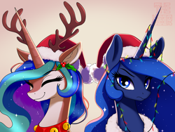 Size: 2048x1536 | Tagged: safe, artist:theuser, derpibooru exclusive, princess celestia, princess luna, alicorn, deer, pony, reindeer, g4, bell, bell collar, bust, christmas, christmas lights, collar, cute, cutelestia, deerlestia, duo, duo female, eyebrows, eyebrows visible through hair, eyes closed, female, frown, hat, holiday, holly, horn, jingle bells, looking at you, luna is not amused, lunabetes, mare, royal sisters, santa hat, siblings, signature, sisters, smiling, unamused, wrong eye color