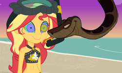 Size: 768x461 | Tagged: safe, artist:ocean lover, edit, sunset shimmer, human, python, snake, equestria girls, equestria girls series, g4, unsolved selfie mysteries, bare midriff, bare shoulders, beach, belly button, bikini, bikini top, clothes, cloud, crossover, disney, dive mask, goggles, hypno eyes, hypnosis, hypnotized, kaa, kaa eyes, looking at each other, looking at someone, midriff, ocean, outdoors, sand, sky, smiling, snorkel, summer sunset, sunset, sunset shimmer's beach shorts swimsuit, swimsuit, swirly eyes, the jungle book, thumbnail, trance, two toned hair, water, wave, youtube link, youtube thumbnail