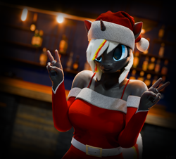 Size: 5000x4516 | Tagged: safe, artist:dark-fic, oc, oc:velvet remedy, unicorn, anthro, fallout equestria, 3d, belt, blender, blender cycles, christmas, christmas clothing, clothes, detached sleeves, hat, holiday, santa hat, solo, victory sign