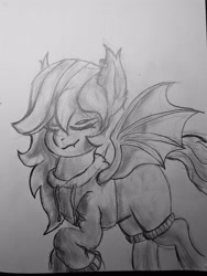 Size: 3072x4080 | Tagged: safe, artist:moonlightrift, oc, oc only, oc:penny, bat pony, clothes, ear fluff, female, hoodie, solo, spread wings, tail, traditional art, uwu, wings