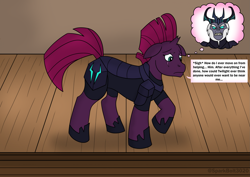 Size: 2283x1614 | Tagged: safe, artist:sparkbolt3020, storm king, tempest shadow, unicorn, g4, my little pony: the movie, broken horn, commission, dialogue, horn, pony to human, pre-transformation, speech bubble, stage, storm king's emblem, thought bubble, transformation