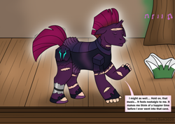 Size: 2283x1614 | Tagged: safe, artist:sparkbolt3020, tempest shadow, g4, amputee, clothes, commission, dancing, dialogue, mid-transformation, music notes, pony to human, prosthetic limb, prosthetics, speech bubble, stage, tomboy taming, transformation, tutu