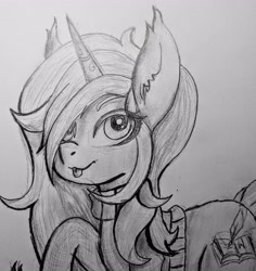 Size: 2970x3148 | Tagged: safe, artist:moonlightrift, oc, oc only, oc:virdia, oc:virdia noire, unicorn, :p, clothes, ear fluff, hair over one eye, high res, jacket, solo, tongue out, traditional art