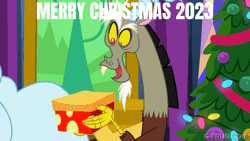 Size: 520x293 | Tagged: safe, edit, edited screencap, editor:quoterific, screencap, discord, fluttershy, g4, my little pony best gift ever, 2023, animated, christmas, christmas tree, gif, holiday, hug, merry christmas, present, tree, twilight's castle