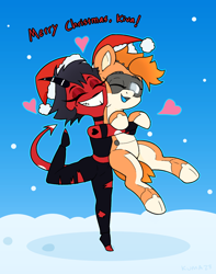 Size: 1000x1266 | Tagged: safe, artist:kumakum, oc, oc:kiva, demon, imp, pony, robot, robot pony, christmas, commission, crossover, cute, duo, duo female, female, hat, heart, hellaverse, hellborn, helluva boss, holiday, hug, mare, millie knolastname, santa hat, smiling, snow, text, wholesome