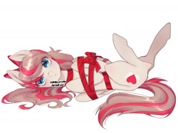 Size: 1990x1490 | Tagged: safe, artist:ruru_01, angel wings, pegasus, pony, g4, blue eyes, blushing, bow, christmas, female, folded wings, hair bow, holiday, looking at you, lying down, mare, present, simple background, solo, tied up, white background, wings