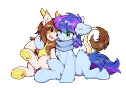 Size: 1952x1374 | Tagged: safe, artist:swaybat, oc, oc:crystal eve, oc:睦睦, earth pony, kirin, original species, pony, 2024 community collab, derpibooru community collaboration, chest fluff, clothes, duo, duo male and female, ear fluff, female, fluffy, horn, hug, looking at each other, looking at someone, male, scarf, simple background, sitting, smiling, smiling at each other, transparent background