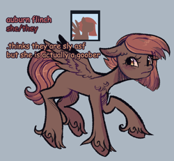 Size: 712x658 | Tagged: safe, artist:kreeeeeez, oc, oc only, oc:auburn flinch, pony, derpibooru avatar, ears back, frown, hoof fluff, sneaking, solo, spread wings, squint, unshorn fetlocks, wings