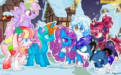 Size: 720x445 | Tagged: safe, artist:painterheart37, oc, oc only, oc:altersmay earth, oc:laura orchid, oc:star shine, unnamed oc, alicorn, earth pony, pegasus, pony, unicorn, accessory, alicorn oc, bunny ears, clothes, colored hooves, colored wings, ear piercing, earth pony oc, flying, folded wings, glasses, heterochromia, hoof on chest, horn, jewelry, leaning forward, looking at each other, looking at someone, necklace, older altersmay earth, pegasus oc, piercing, ponyville, raised hoof, round glasses, septet, signature, smiling, smiling at each other, spread wings, unicorn oc, wings, winter