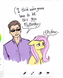 Size: 1587x1950 | Tagged: safe, artist:vajkac2809, fluttershy, human, pegasus, pony, g4, crossover, duo, duo male and female, female, human male, i think we're gonna have to kill this guy, johnny cage, male, meme, mortal kombat, oh dear, simple background, sunglasses, white background