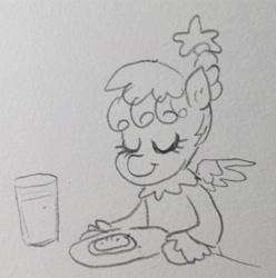 Size: 1984x2002 | Tagged: safe, artist:pony quarantine, oc, oc only, pegasus, pony, christmas, cookie, eyes closed, female, filly, foal, food, glass, grayscale, holiday, milk, monochrome, pencil drawing, personified holiday, ponified, ponified holiday, smiling, solo, traditional art