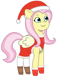 Size: 1397x1800 | Tagged: safe, artist:edy_january, artist:prixy05, edit, vector edit, fluttershy, pegasus, pony, g4, g5, my little pony: tell your tale, boots, christmas, clothes, costume, fluttersanta, g4 to g5, generation leap, gloves, hat, holiday, santa costume, santa hat, shoes, simple background, solo, stockings, thigh highs, transparent background, vector