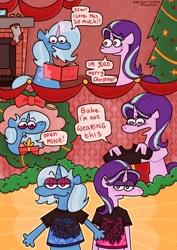Size: 1448x2048 | Tagged: safe, artist:falloutfurret, starlight glimmer, trixie, pony, unicorn, anthro, g4, book, christmas, christmas stocking, christmas tree, clothes, comic, dialogue, duo, duo female, female, holiday, lesbian, levitation, lidded eyes, looking at you, magic, mare, present, ship:startrix, shipping, shirt, speech bubble, starlight glimmer is not amused, suddenly hands, t-shirt, telekinesis, tree, unamused