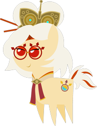 Size: 1275x1646 | Tagged: safe, artist:sketchmcreations, earth pony, pony, accessory, chopsticks, collar, female, glasses, goggles, mare, pointy ponies, ponified, purah, sheikah, simple background, solo, the legend of zelda, the legend of zelda: tears of the kingdom, transparent background