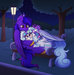 Size: 3600x3659 | Tagged: safe, artist:madelinne, oc, oc only, alicorn, pegasus, alicorn oc, bench, clothes, cuddling, duo, floral head wreath, flower, glasses, high res, horn, lamp, night, park, park bench, pegasus oc, sky, socks, tree, wings