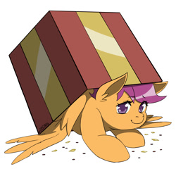 Size: 2000x2000 | Tagged: safe, artist:erein, scootaloo, pegasus, pony, g4, box, christmas, colored, commission, cute, cutealoo, ears up, female, filly, flat colors, foal, happy, high res, holiday, looking at you, pony in a box, present, simple background, smiling, smiling at you, solo, white background, wings