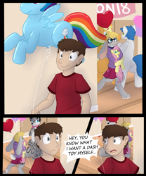 Size: 1500x1800 | Tagged: safe, artist:jearic, fluttershy, rainbow dash, oc, human, inflatable pony, pegasus, anthro, g4, balloon, comic, convention, furry, heart, heart balloon, human to pony, inanimate tf, inflatable, plushie, ponysuit, transformation