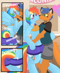 Size: 1500x1800 | Tagged: safe, artist:jearic, rainbow dash, oc, fox, inflatable pony, pegasus, anthro, semi-anthro, g4, balloon, blushing, butt, comic, convention, furry, heart, heart balloon, human to pony, inanimate tf, inflatable, inflation, kissing, plot, transformation