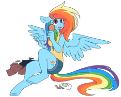Size: 1448x1159 | Tagged: safe, artist:kipaki, rainbow dash, pegasus, anthro, unguligrade anthro, g4, clothes, comb, cutie mark, female, human to anthro, male to female, open mouth, potion, rule 63, simple background, sitting, solo, spread wings, sweat, sweatdrop, torn clothes, transformation, transgender transformation, transparent background, wings