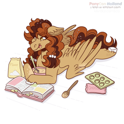 Size: 2133x2133 | Tagged: safe, artist:monnarcha, oc, oc only, oc:poffertje, pegasus, pony, book, female, flour bag, high res, lying down, mare, prone, simple background, solo, spoon, white background