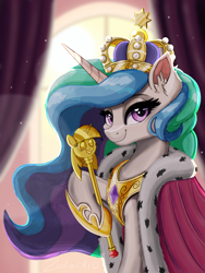 Size: 2160x2880 | Tagged: safe, artist:zodiacx10, princess celestia, alicorn, pony, g4, cloak, clothes, crown, ear fluff, female, high res, hoof hold, hoof shoes, horn, jewelry, looking at you, mare, peytral, praise the sun, princess shoes, raised hoof, regalia, scepter, smiling, smiling at you, smuglestia, solo, twilight scepter
