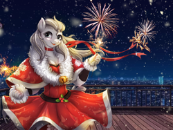 Size: 1600x1200 | Tagged: safe, artist:mdwines, oc, earth pony, anthro, christmas, clothes, commission, cute, dress, fireworks, fluffy, friendly, gray mane, happy, heartwarming, holiday, lace, lights, outfit, red dress, scarf, skirt, smiling, snow, snowfall, solo, stockings, thigh highs, winter, winter outfit, ych result